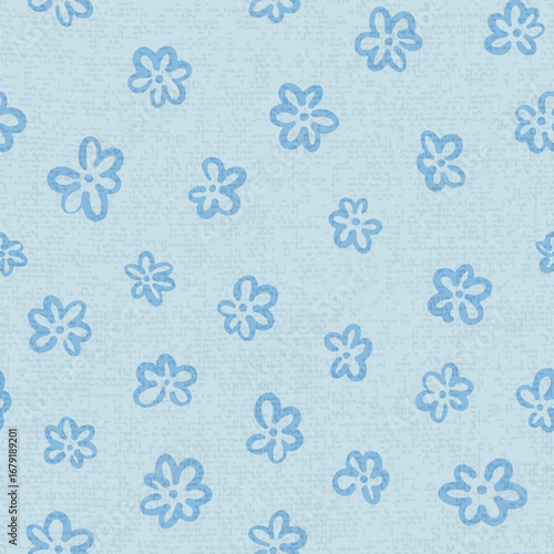 Seamless vector pattern with small hand painted blue flowers on light blue linen texture background, airy cottagecore design for bedding, aprons and summer table textiles