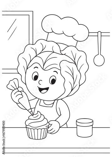 coloring book page of a cabbage decorating a cupcake in the kitchen.