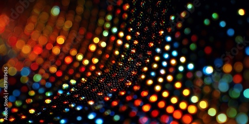 Diseño digital de una red de puntos brillantes que crea un efecto lumínico colorido en un fondo oscuro