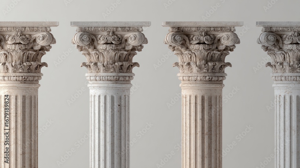 Obraz premium Five elegant stone columns in classical style, plain neutral background, detailed fluting and ornate capitals highlighted by soft natural light