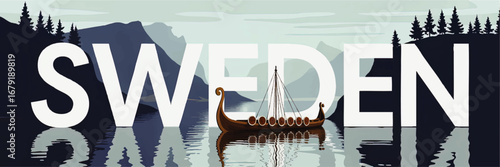 Sweden Viking Ship Illustration with Mountain Lake Scenery, Nordic Nature, Pine Forest and Reflection, Scandinavian Travel Concept