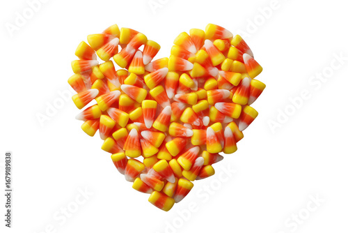 Heart shape made of candy corn pieces on white isolated on a transparent background sweet