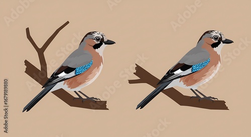 Two colorful birds on branches illustration.