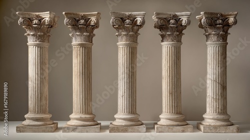 Five evenly spaced stone columns, detailed fluted design, ornate capitals in classical style, neutral wall background softly lit