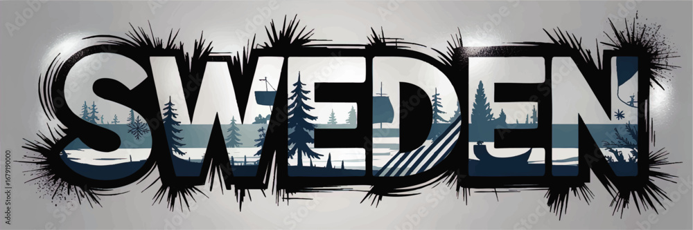 Fototapeta premium Sweden Text Art with Winter Landscape, Scandinavian Nature, Pine Trees, Ship and Snowy Forest, Grunge Typography Graphic