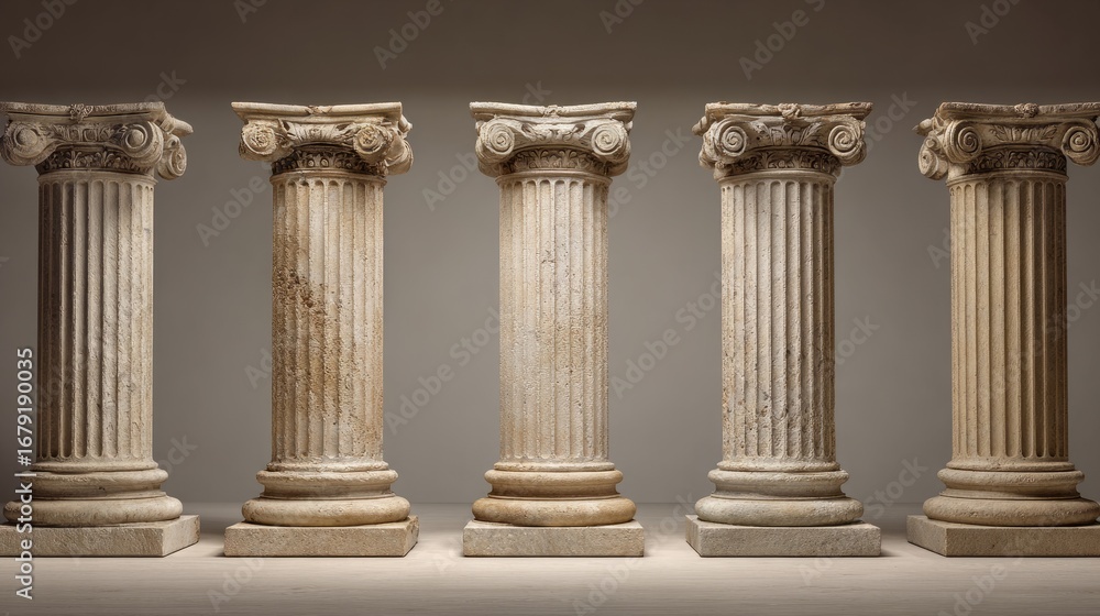 Obraz premium Five stone columns displayed in a row, classical fluted shafts and capitals in symmetry, softly lit neutral background