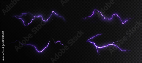 Set of glowing purple lightning discharges with sparks on dark background. Vector electric thunderbolt collection for fantasy artworks, magic spells, storm effects and sci-fi digital design.