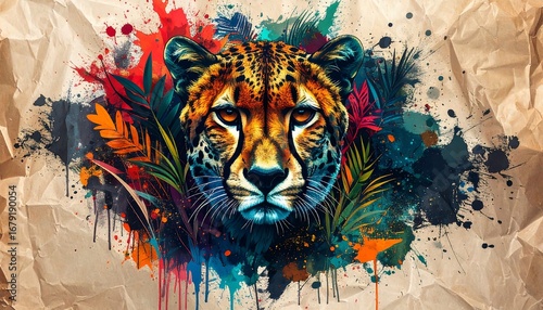 Cheetah portrait, vibrant floral & paint splatter