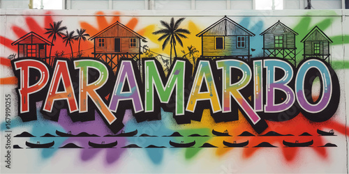 Vibrant Paramaribo Street Art Mural with Rainbow Colors, Stilt Houses, Palm Trees, and Canoes – Urban Suriname Culture Wall Decor