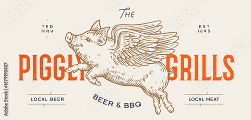 Fly piggly, pig, piglet with wings. Vintage retro pig print, black white fly piggly drawing, piglet with wings, grunge pig old school style. Silhouette angel pig, piglet, piggly. Vector Illustration