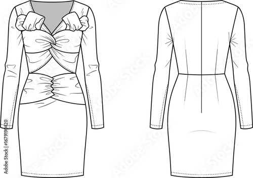 CAD drawing, flat vector illustration, fashion technical sketch, long sleeve ruched dress front and back view, women’s stylish garment design template