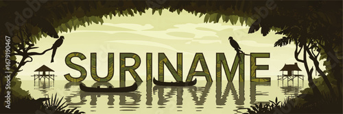Suriname Jungle Landscape Illustration with Parrots, Canoes, River Huts, and Tropical Nature Silhouette for Travel and Tourism Design