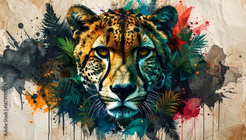 Cheetah portrait, vibrant colors, abstract