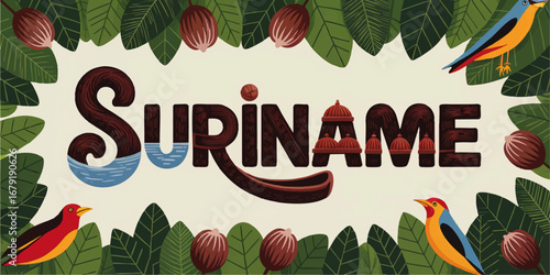 Suriname Nature Illustration with Tropical Leaves, Colorful Birds, Nutmeg, and Decorative Typography – Exotic Jungle Poster Design