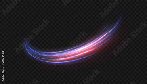 Curved glowing light trail in blue and red colors with motion blur on dark background. Dynamic energy wave in vector format for sci-fi design, racing effects and digital artworks.