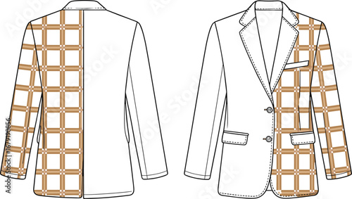 Vector flat technical drawing of men's blazer jacket with plaid pattern, two-button closure, notch lapel, chest pocket, flap pockets, stylish formal wear illustration