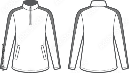 Vector flat technical drawing of sporty long sleeve half-zip jacket with side pockets, contrasting shoulder stripes, modern casual activewear design, comfortable unisex outerwear illustration