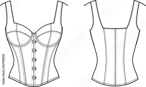 Corset top fashion flat sketch, women bustier design, lingerie template, fitted garment illustration, sewing pattern vector, technical clothing drawing