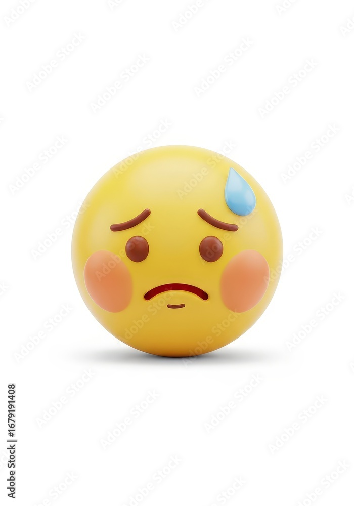 Fototapeta premium A 3D rendered yellow emoticon with a distressed expression, featuring a furrowed brow and a sweat droplet