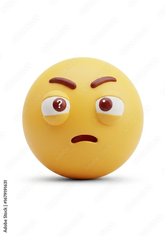 Fototapeta premium A 3D-rendered yellow sphere with raised eyebrows and a questioning look. The eye on the left features a question mark. A humorous and puzzled expression