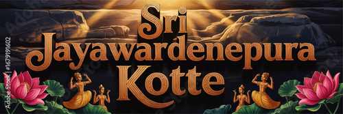 Sri Jayawardenepura Kotte Text Illustration with Traditional Dancers, Lotus Flowers, and Rocky Sunlit Background – Sri Lanka Heritage Art