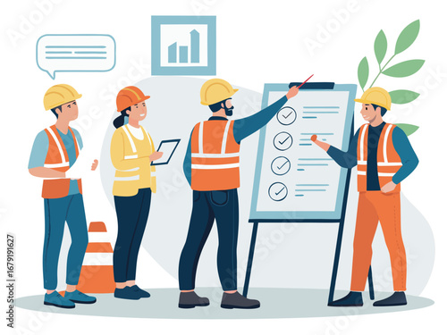 “Construction Safety Training Illustration – Workplace Safety, Engineering Team Meeting, Occupational Health Checklist in Flat Vector Style”