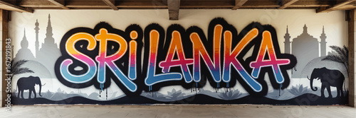 Vibrant Sri Lanka Graffiti Street Art Mural with Elephants and Temples, Urban Wall Decor, Colorful Travel Inspiration, Modern Design
