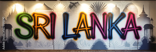 Vibrant Sri Lanka Graffiti Mural with Tropical Silhouettes, Elephants, Temples, and Colorful Street Art Typography