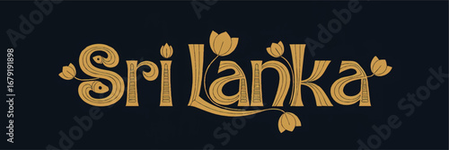 Sri Lanka Decorative Typography with Golden Floral Lotus Elements on Elegant Dark Background – Vector Art for Travel, Posters, Branding