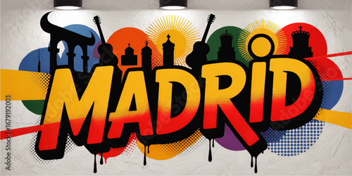 Vibrant Madrid Graffiti Mural with Landmarks Silhouette, Colorful Urban Pop Art Background, Modern Spanish Street Art Illustration