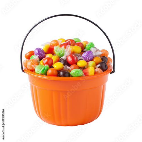 Orange Halloween bucket overflowing with assorted colorful candies isolated on a transparent background
