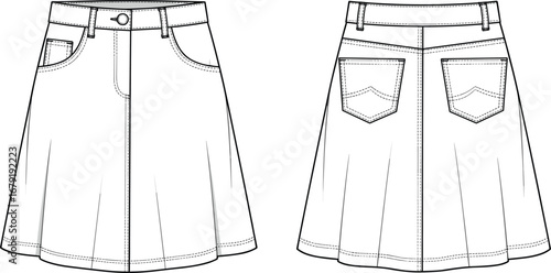 Denim skirt flat sketch, cad drawing fashion template, front and back view vector illustration, pleated skirt technical design for apparel industry