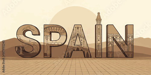 Spain Lettering Vector with Famous Landmarks – Sepia Illustration of Spanish Architecture, Monuments, and Cultural Icons