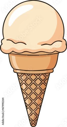 Illustration of a single scoop of vanilla ice cream in a waffle cone with brown outline