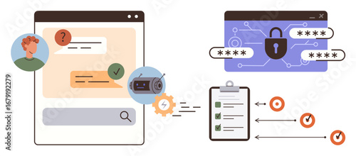 Browser window prompts user verification, gear linking secured webpage with lock and passwords, checklist with progress indicators. Ideal for cybersecurity, encryption, privacy, authentication, data