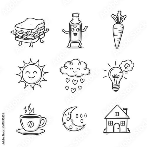 A set of cute black and white doodle icons for coloring, representing daily life with a sun, coffee, an idea lightbulb, a cloud raining hearts, and a house.