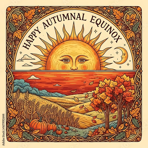Happy autumnal equinox sun moon landscape with harvest and fall foliage