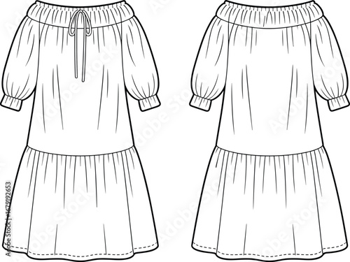 Vector flat technical drawing of women's off-shoulder dress with elastic neckline, puff sleeves, gathered waist, midi length, casual stylish summer fashion illustration