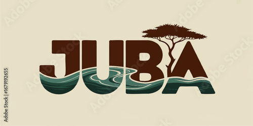 Juba City Typography Logo Design with African Acacia Tree and River Nile Wave Elements, Vintage Nature Illustration