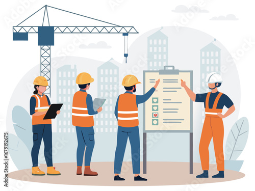 “Construction Safety Training Illustration – Workplace Safety, Engineering Team Meeting, Occupational Health Checklist in Flat Vector Style”