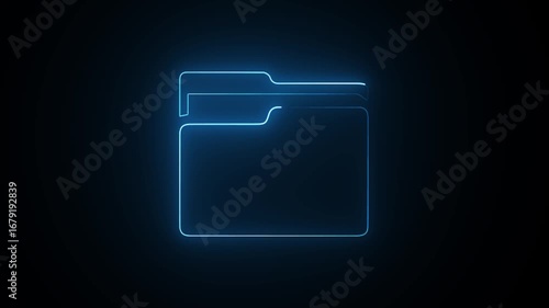 Neon glowing folder management icon for data storage, file organization, archive and digital directory on a background.