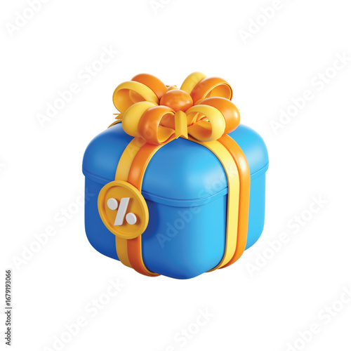 Bright blue gift box with yellow ribbon and discount tag festive celebration present surprise vector