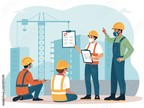 “Construction Safety Training Illustration – Workplace Safety, Engineering Team Meeting, Occupational Health Checklist in Flat Vector Style”