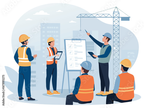 “Construction Safety Training Illustration – Workplace Safety, Engineering Team Meeting, Occupational Health Checklist in Flat Vector Style”