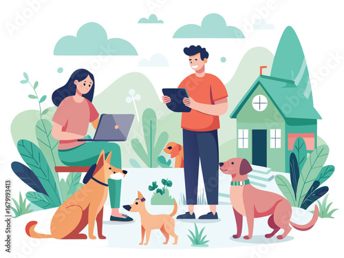 Happy family training dogs in a serene outdoor setting with a cozy home