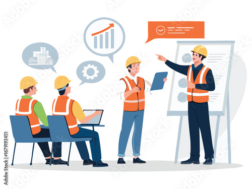 “Construction Safety Training Illustration – Workplace Safety, Engineering Team Meeting, Occupational Health Checklist in Flat Vector Style”