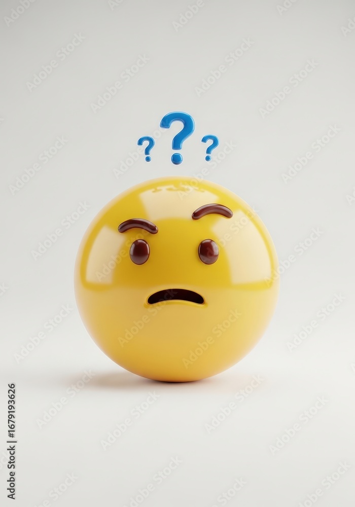 Fototapeta premium A glossy yellow sphere with an unhappy face expression and two blue question marks floating above it