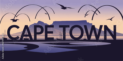 Cape Town Silhouette Illustration with Table Mountain, Flying Birds, Boats and Sunset Sky – Modern South Africa Travel Poster