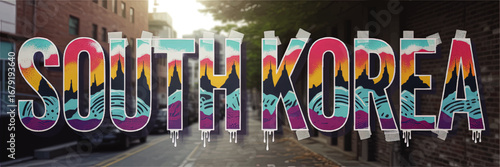 Vibrant South Korea Graffiti Street Art Text, Urban Alley Background, Colorful Modern Typography, Trendy Travel Design
