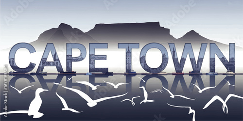 Cape Town skyline illustration with Table Mountain and seagulls, maritime waterfront, modern cityscape reflection in water
